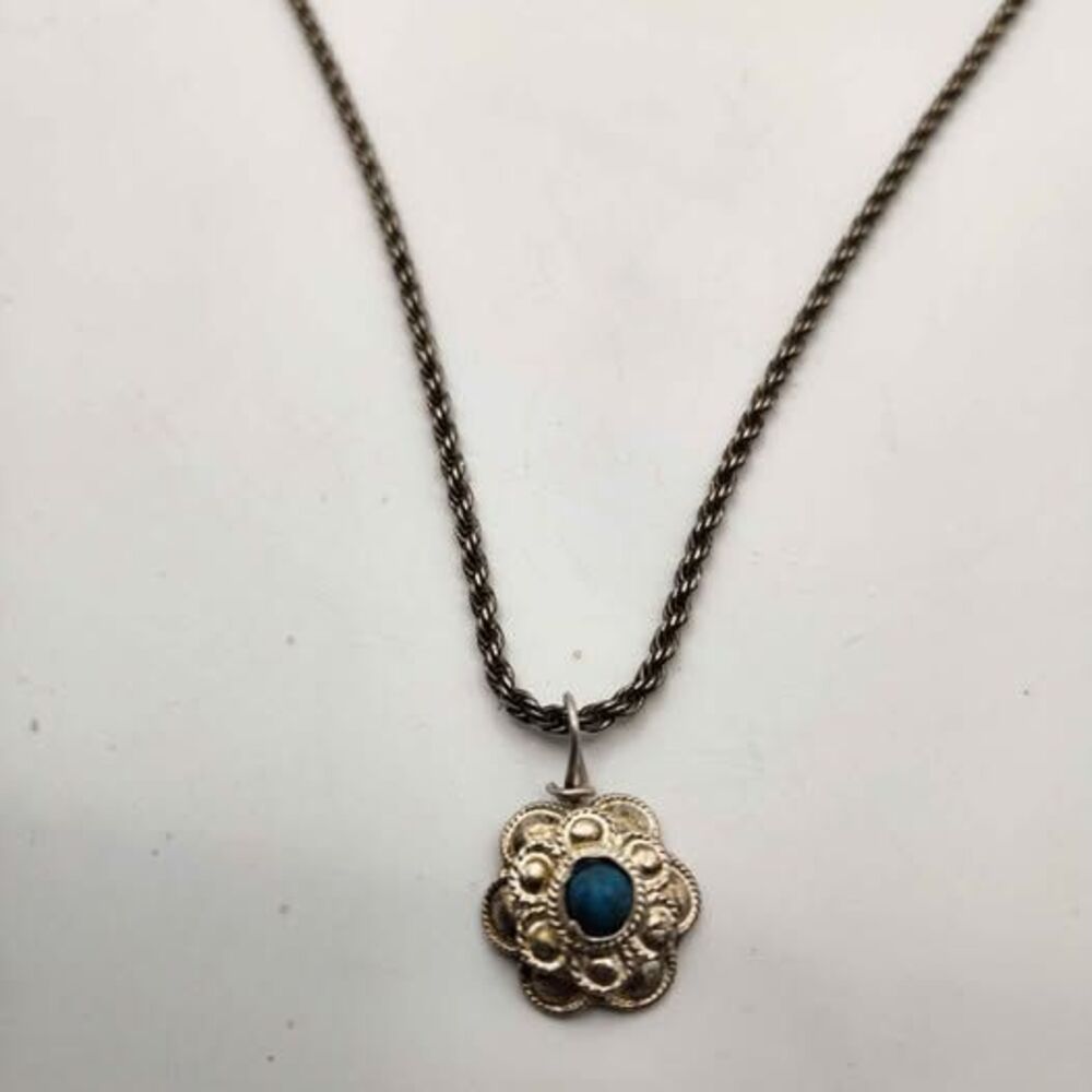 Sterling Silver Rope Chain Necklace 925 with Handmade Solid Sterling Turquoise F